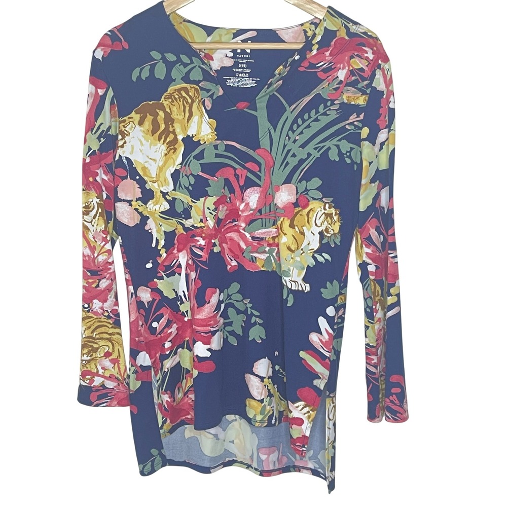 Natori Women's Tiger Floral Print V Neck Long Sleeve Tunic Top Shirt Size S